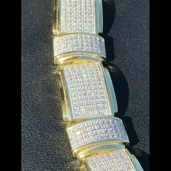 Mens Custom Bracelet 14k Yellow Gold Plated Solid 925 Silver Simulated Diamonds - Picture 8 of 10